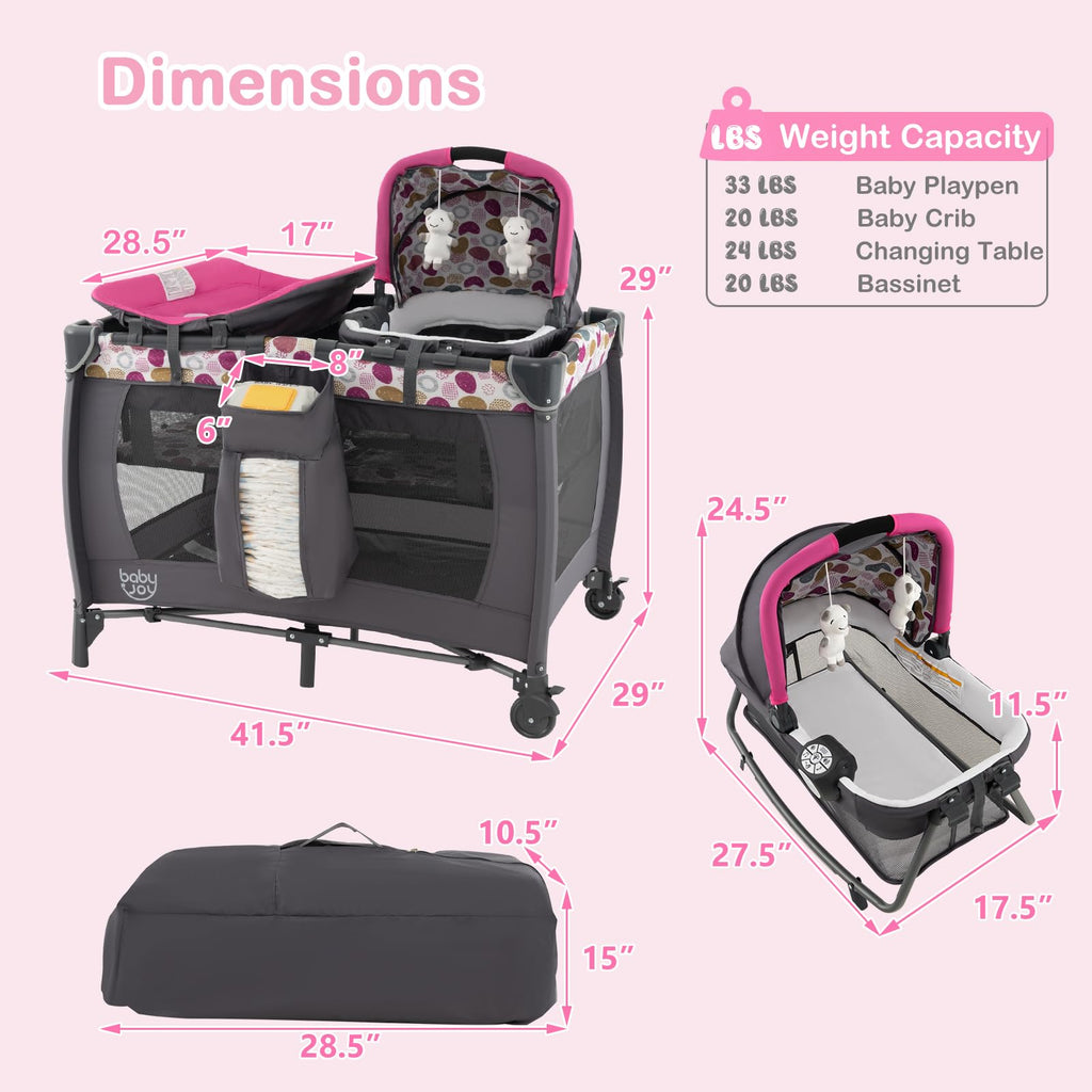 Pink Portable Baby Playard with Bassinet and Changing Station T6277