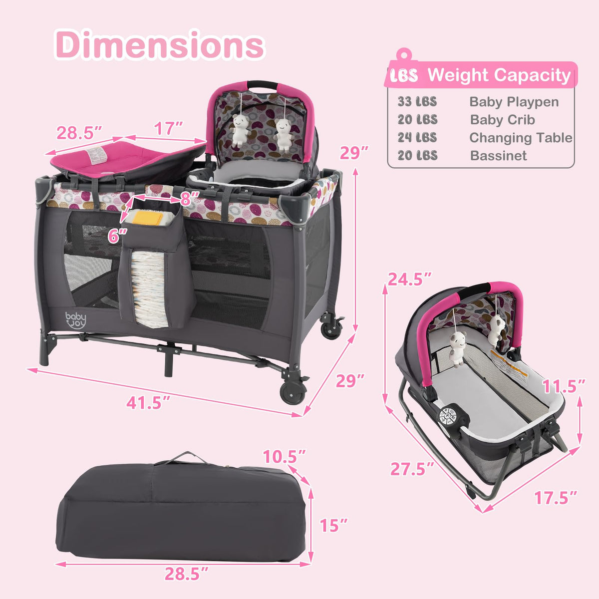 Pink Portable Baby Playard with Bassinet and Changing Station T6277