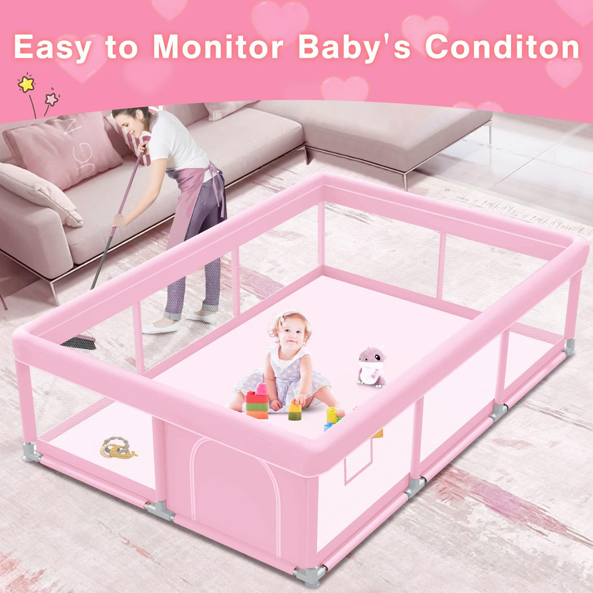 Pink Baby Playpen 74x50 Inches with Mesh S195318