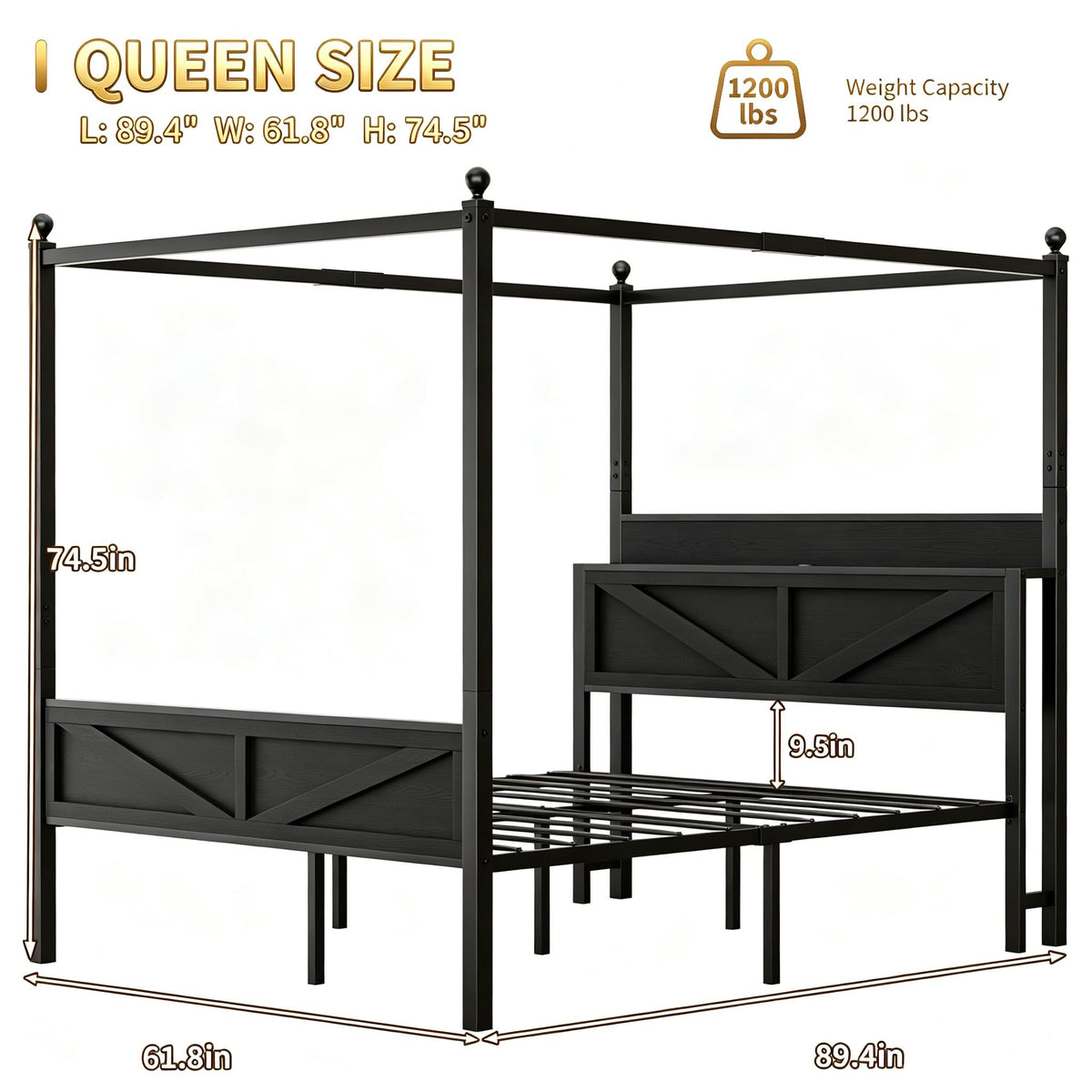 Queen Size Metal Canopy Bed Frame with Storage Headboard W267