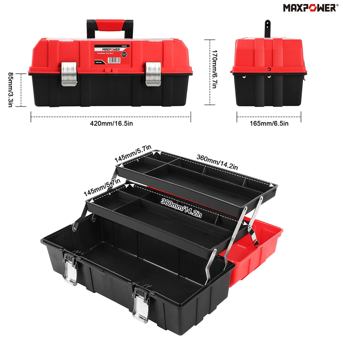 16-Inch Three-Layer Folding Plastic Tool Box with Tray and Dividers F6943