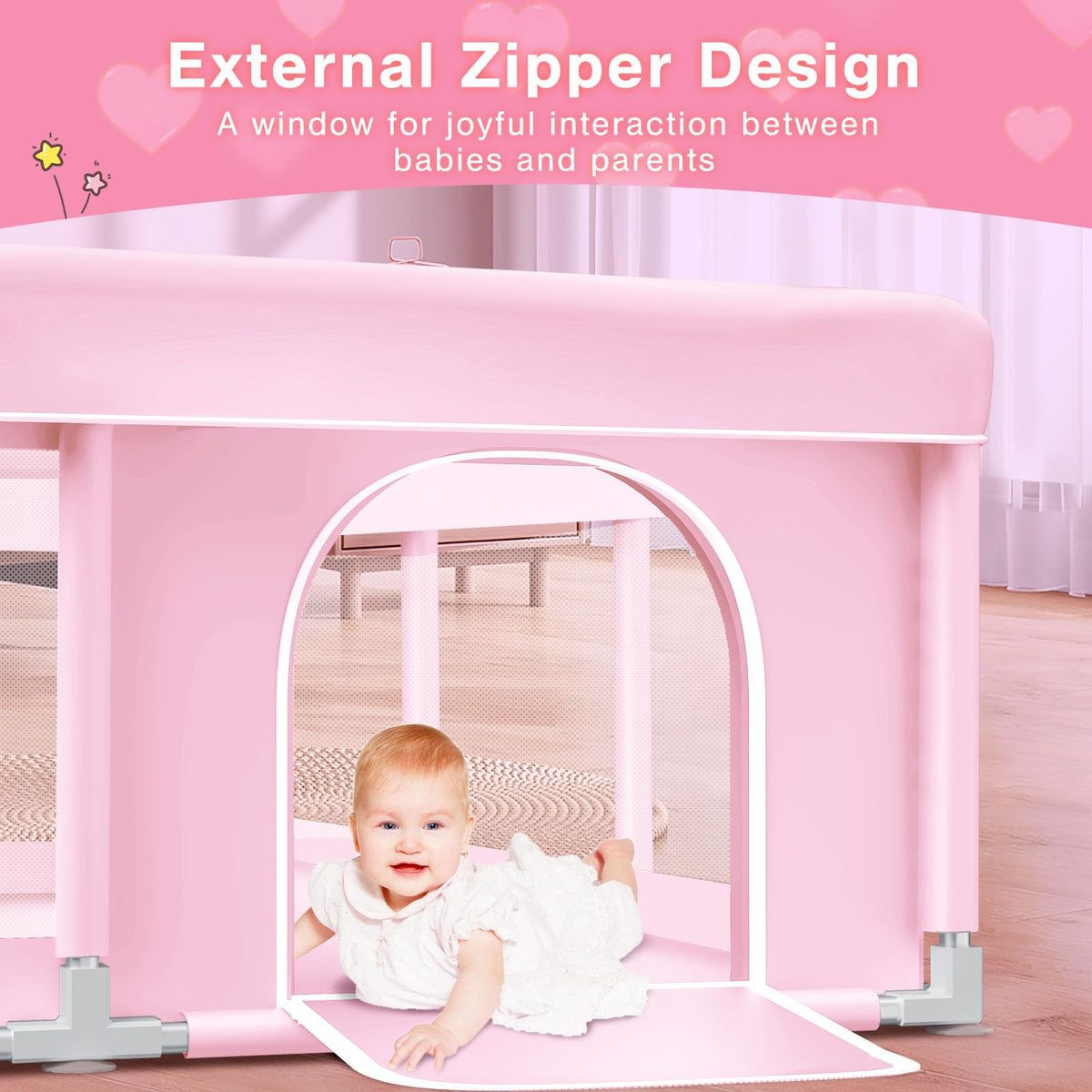 Pink Baby Playpen 74x50 Inches with Mesh S195318