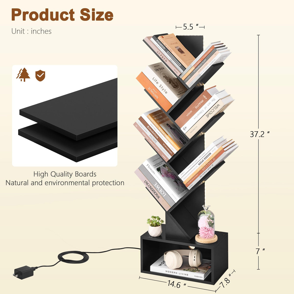 6 Tier Tree Bookshelf with Drawer and LED Lights V117149