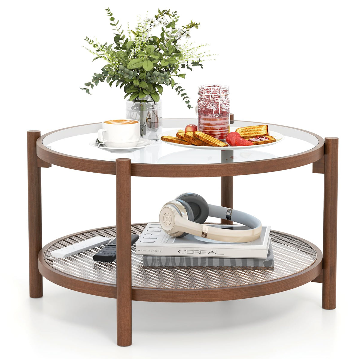 Rattan Round Glass Coffee Table with Storage Shelf X2675
