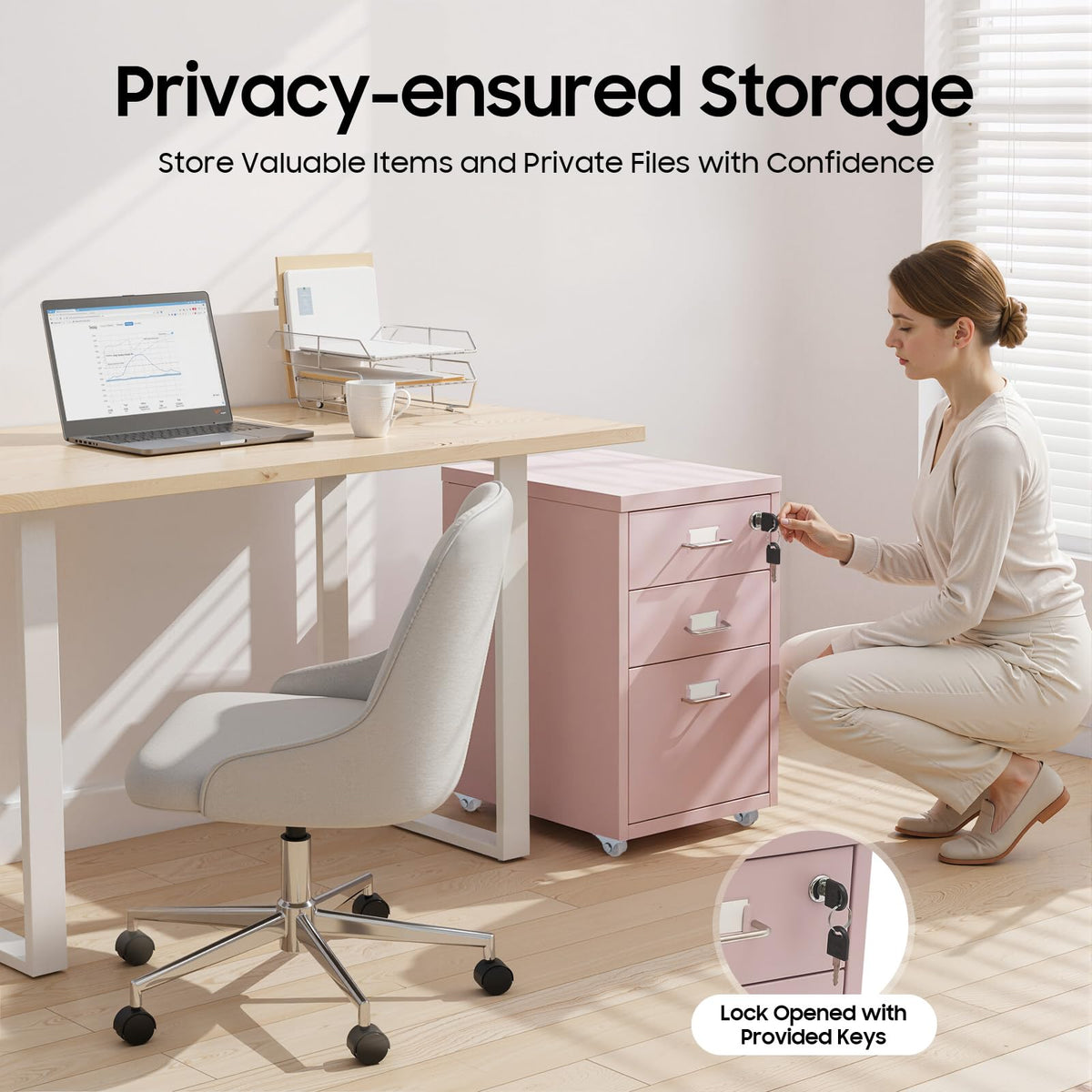 Pink 3 Drawer Metal File Cabinet with Lock K846