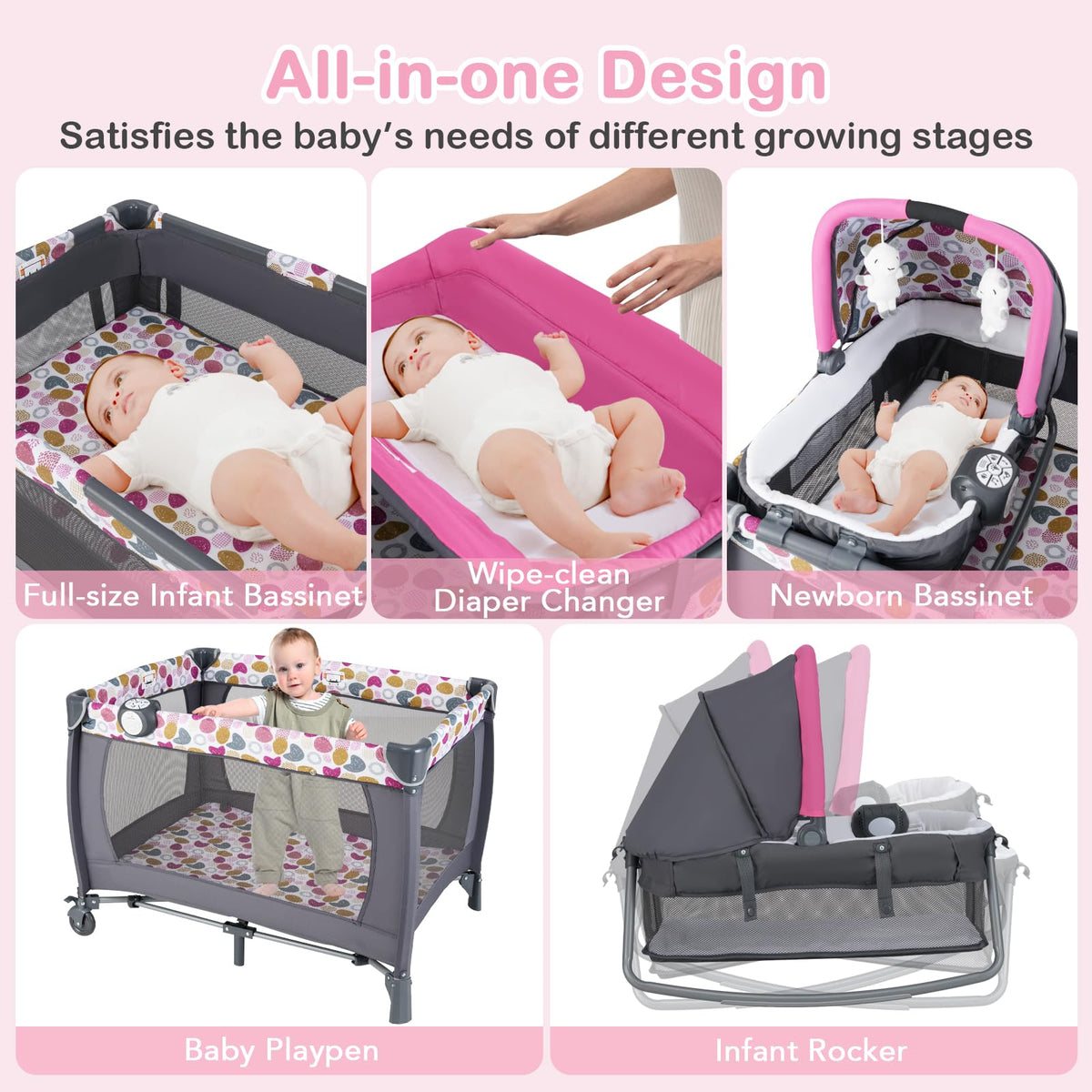 Pink Portable Baby Playard with Bassinet and Changing Station T6277