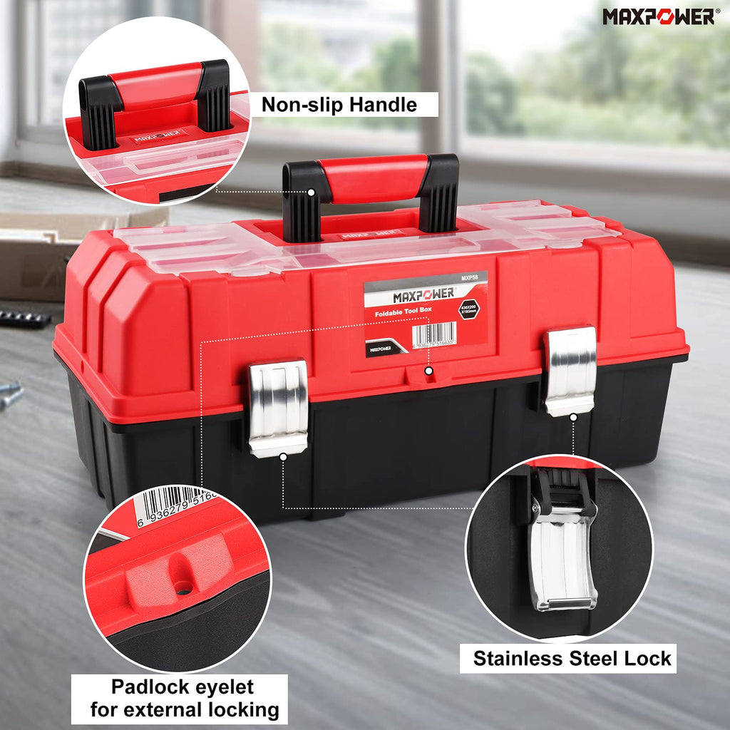 16-Inch Three-Layer Folding Plastic Tool Box with Tray and Dividers F6943