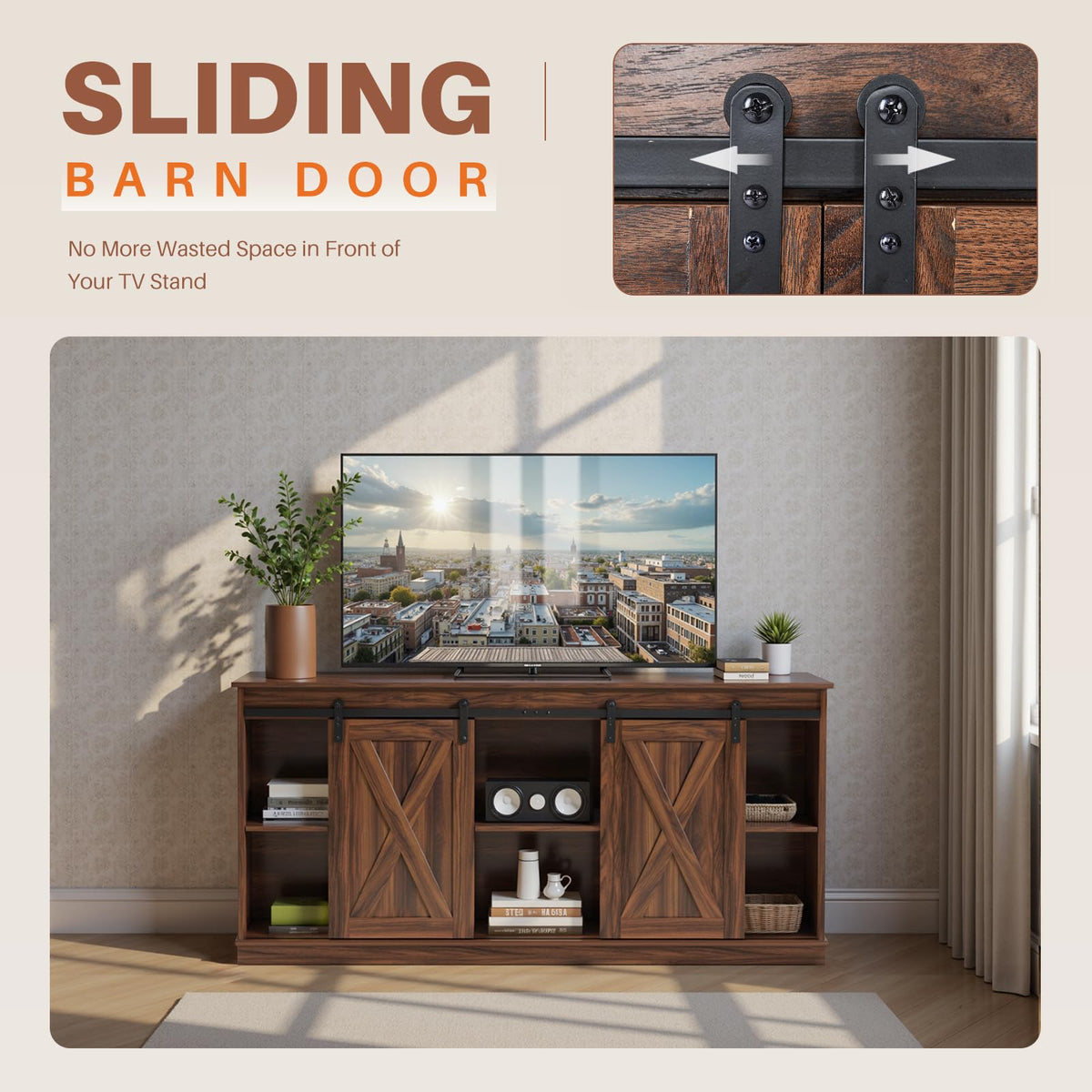 65 Inch Brown Wood TV Stand with Storage Shelves and Sliding Barn Door Z7757