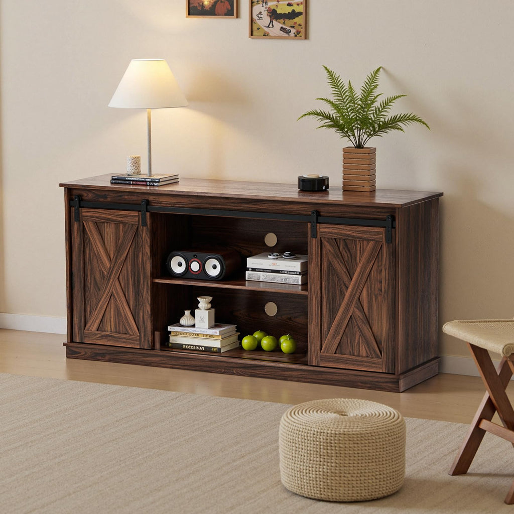 65 Inch Brown Wood TV Stand with Storage Shelves and Sliding Barn Door Z7757