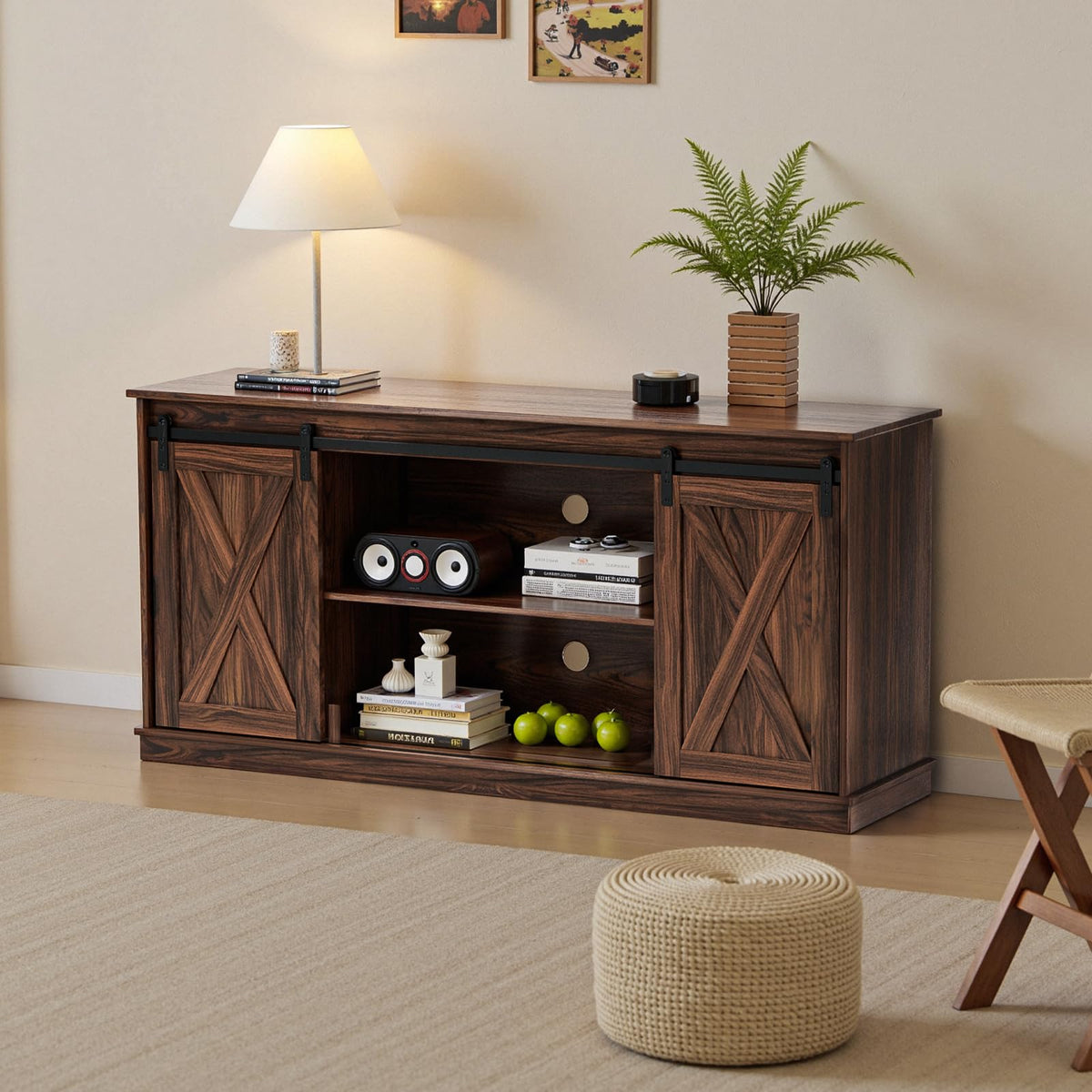 65 Inch Brown Wood TV Stand with Storage Shelves and Sliding Barn Door Z7757