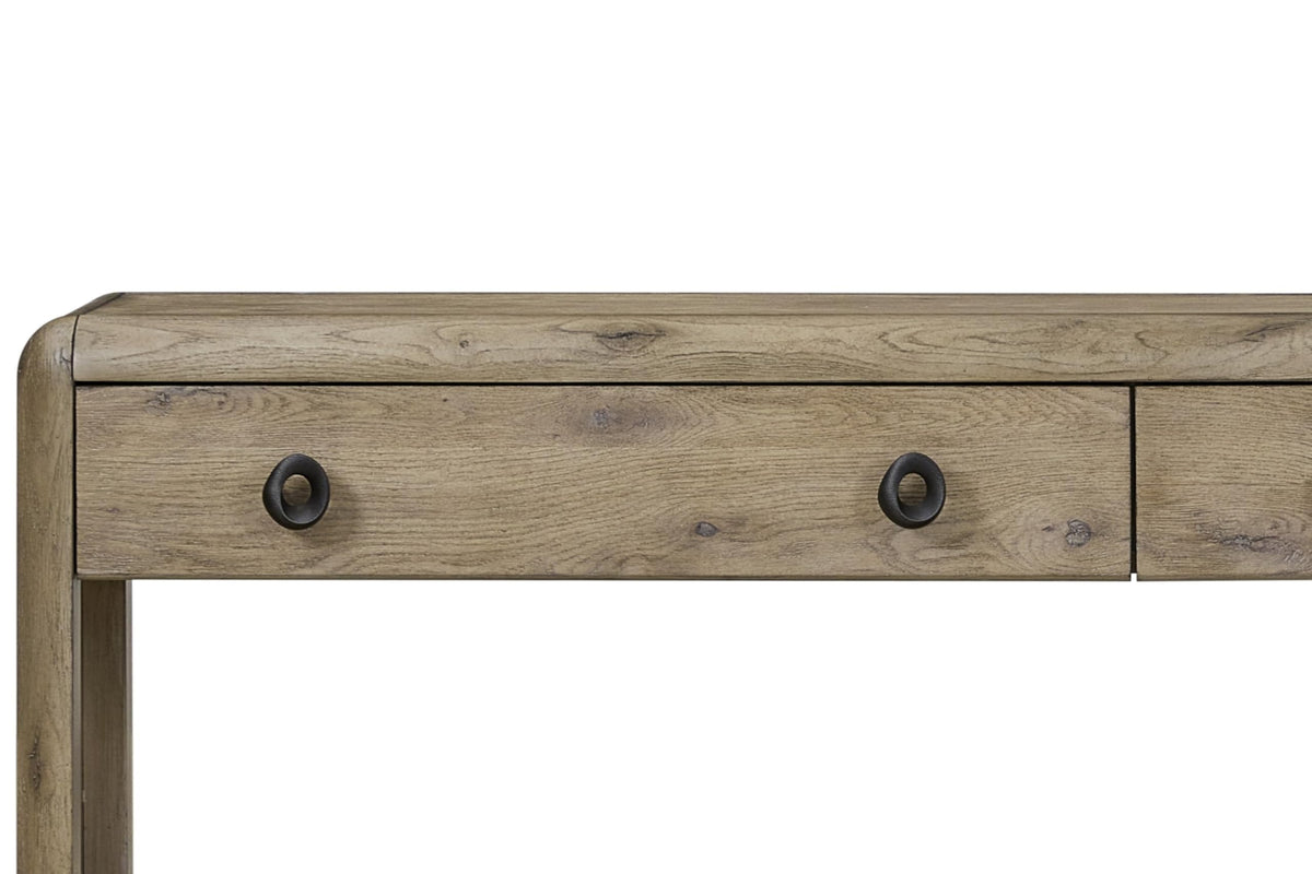 English Knotty Oak Console Table, Solid Wood and Engineered Wood Veneer, Two Self-Closing Drawers, Open Lower Shelf, Rounded Edges, 72 x 16 x 32.25 Inchs, Oak Finish R717754