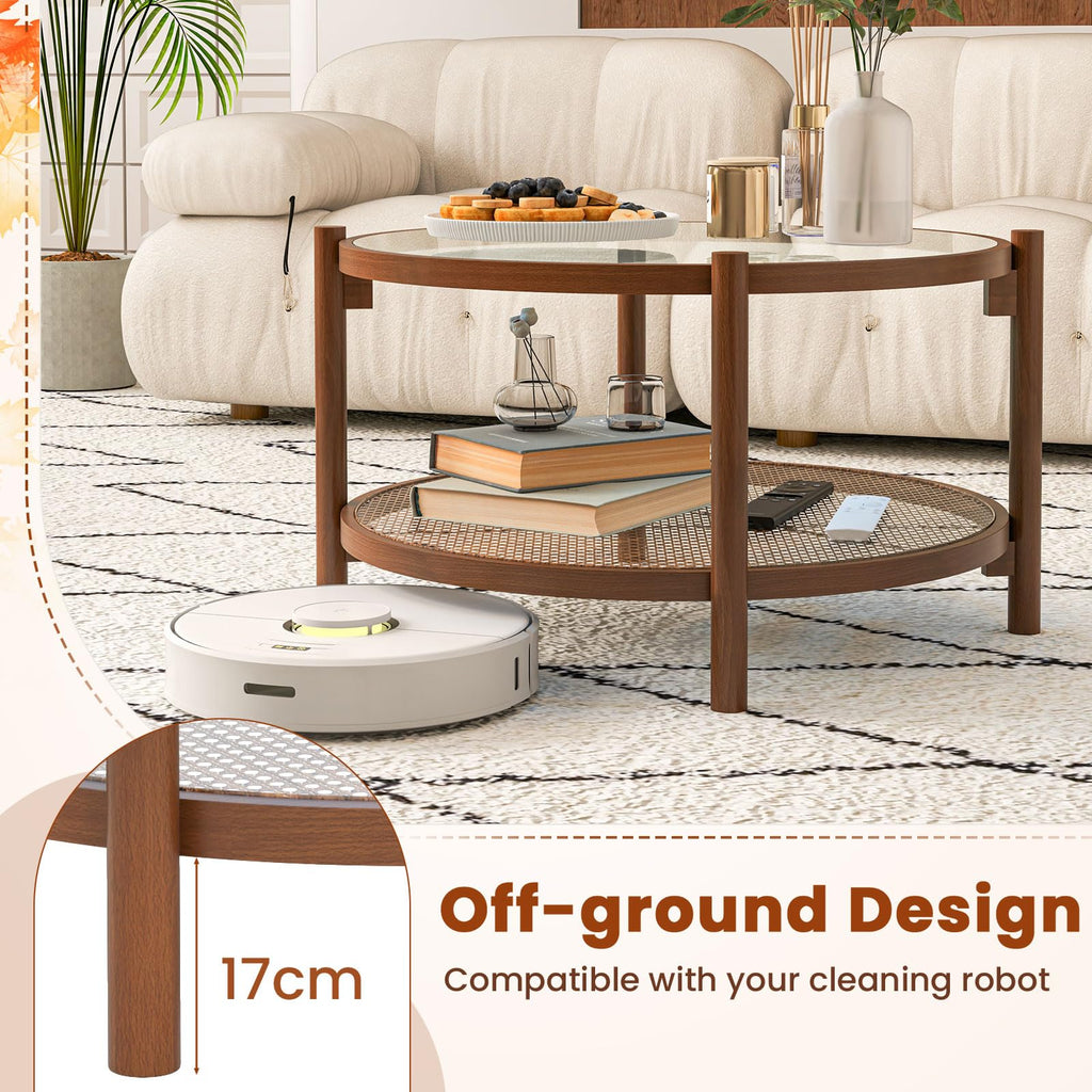 Rattan Round Glass Coffee Table with Storage Shelf X2675