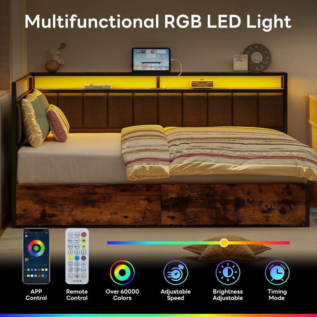 Full Corner Bed Frame with Storage Drawers, LED, Charging, Black S21518