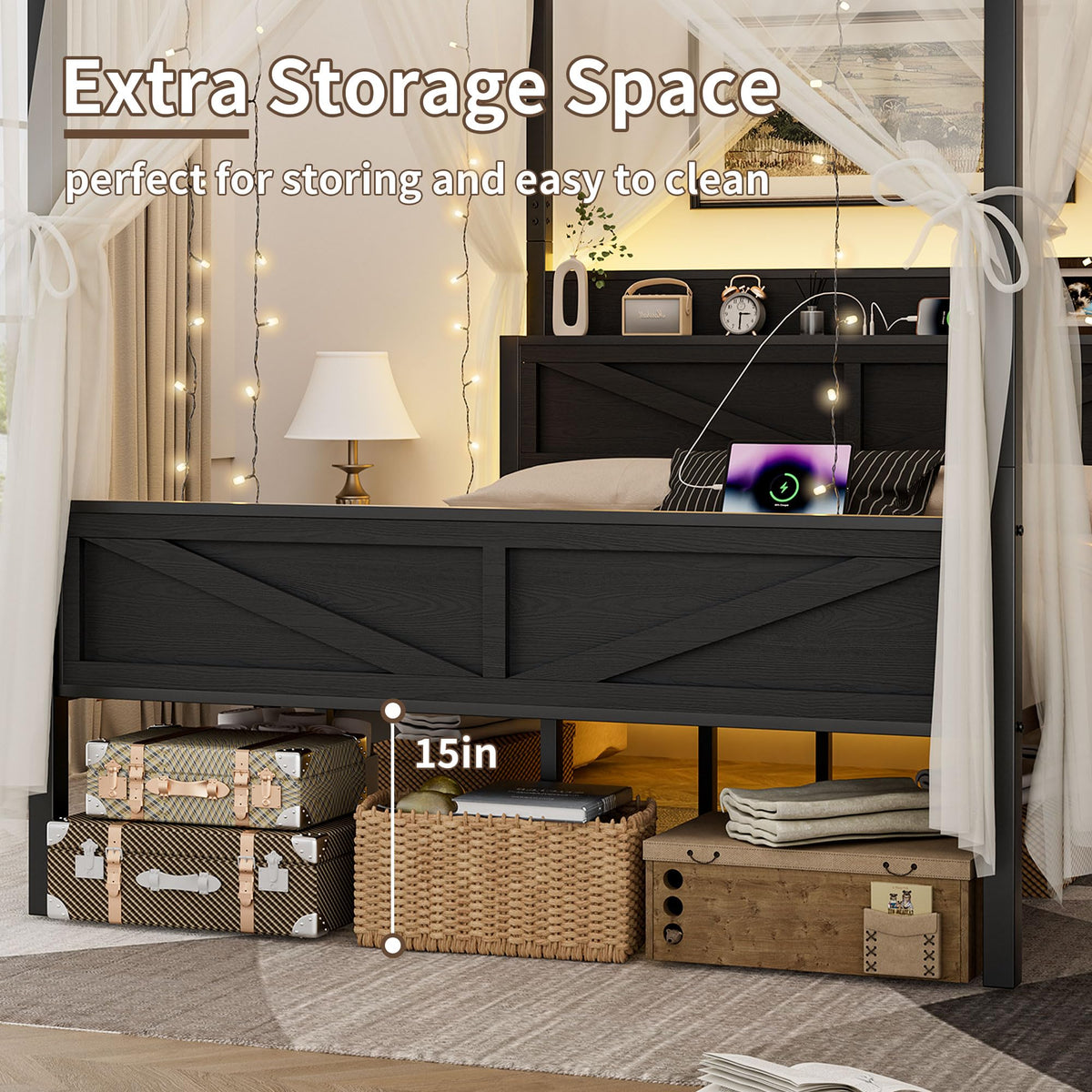 Queen Size Metal Canopy Bed Frame with Storage Headboard W267