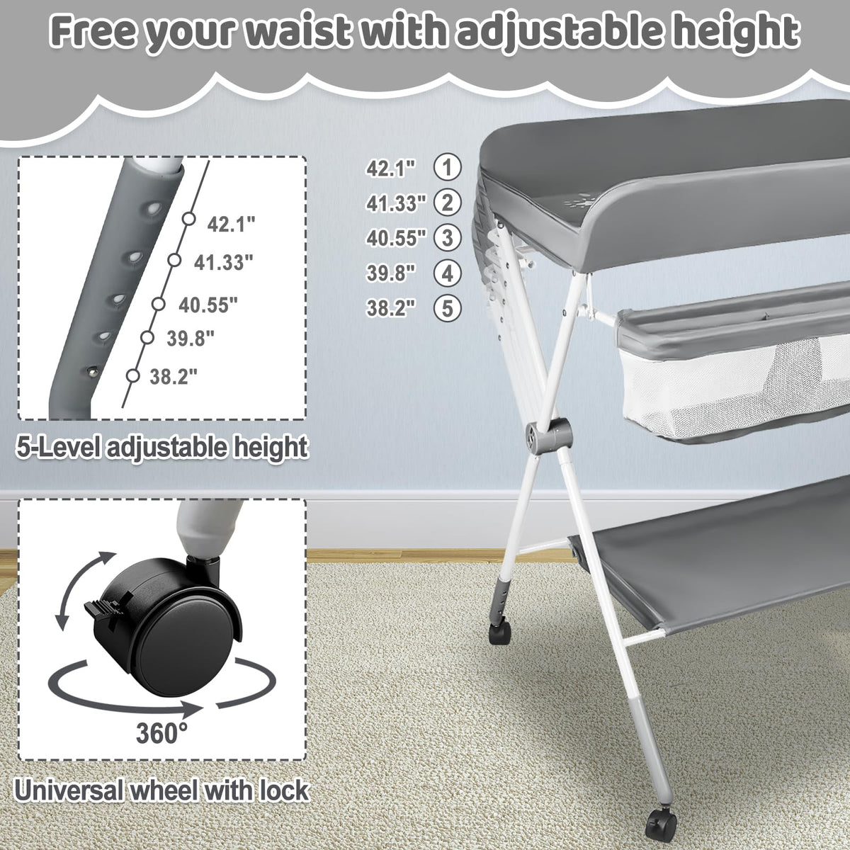 Portable Folding Baby Changing Table with Wheels Y422518