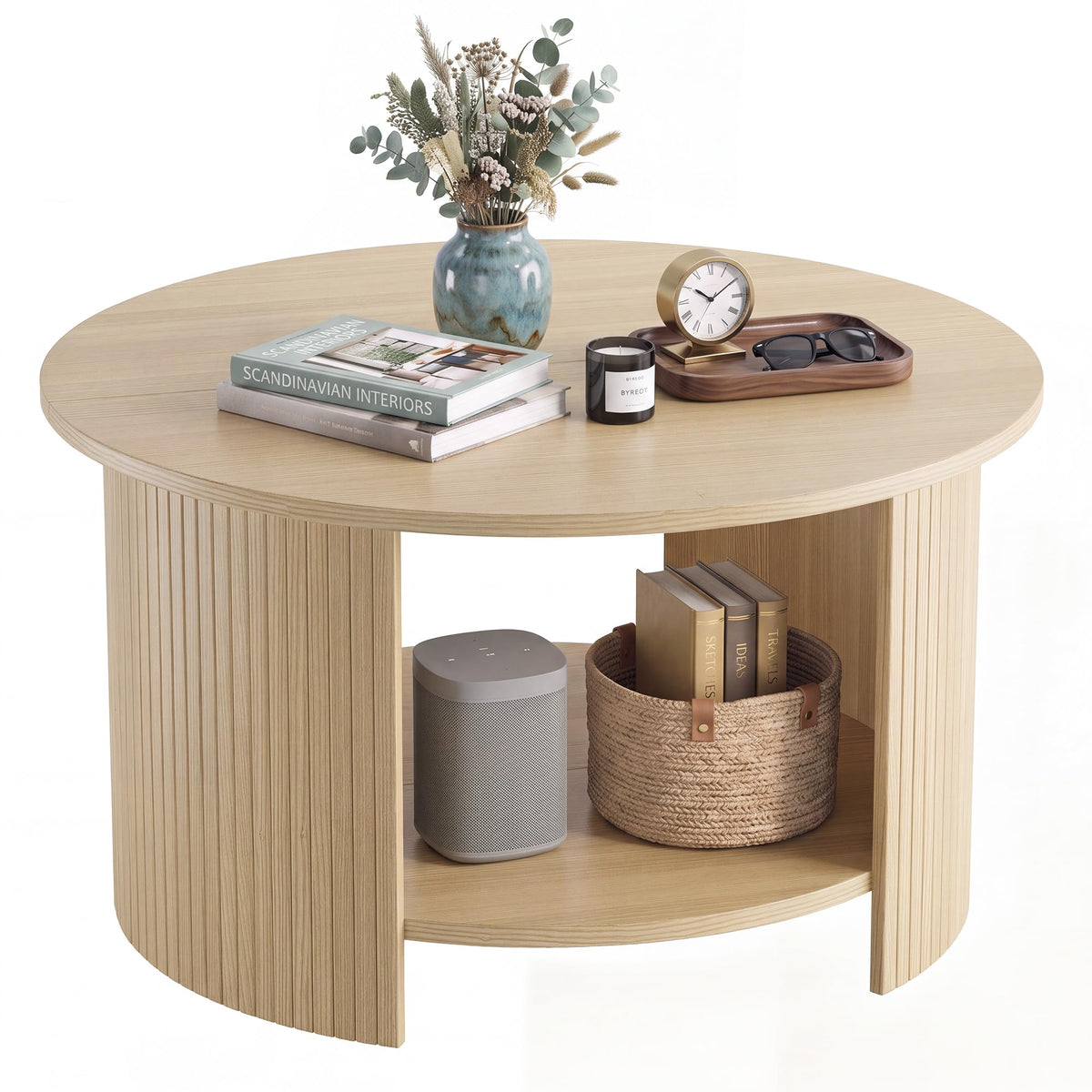 31.5" Round Wood Coffee Table with Storage K90409