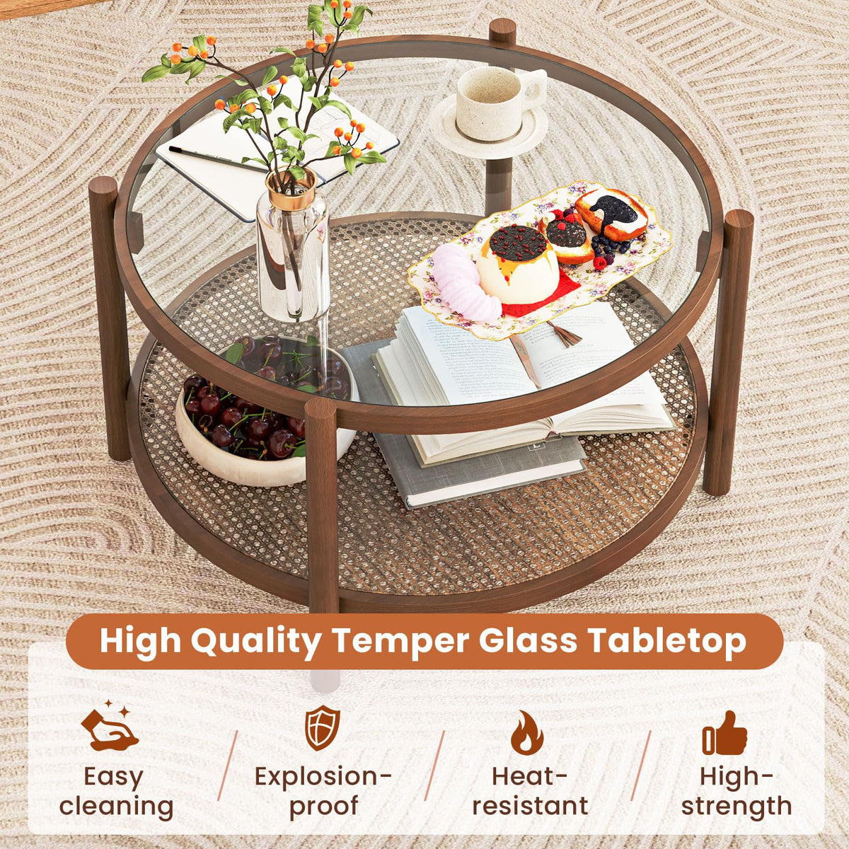 Rattan Round Glass Coffee Table with Storage Shelf X2675
