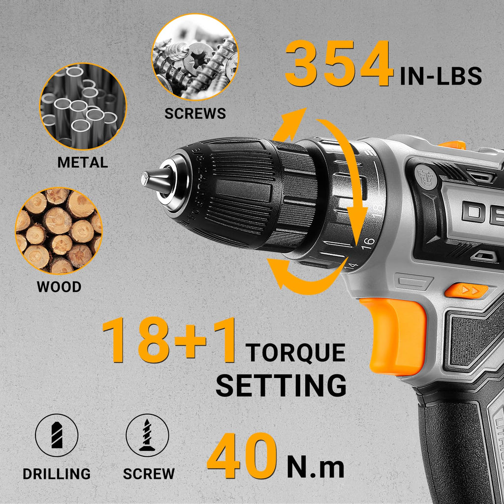 Cordless Power Drill 20V with 3/8-Inch Keyless Chuck, Variable Speed, 2 Batteries V8272