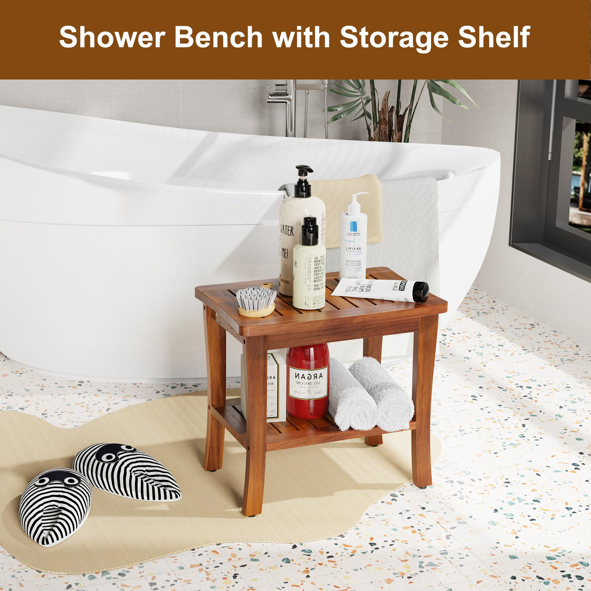 Teak Wood Shower Bench Stool with Storage Shelf J46670