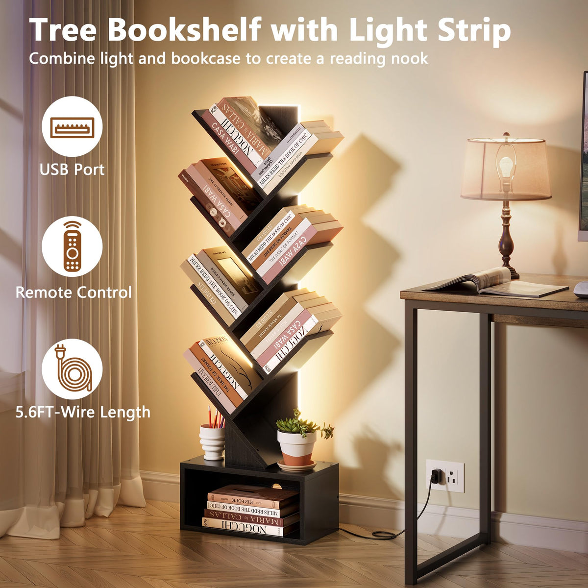 6 Tier Tree Bookshelf with Drawer and LED Lights V117149