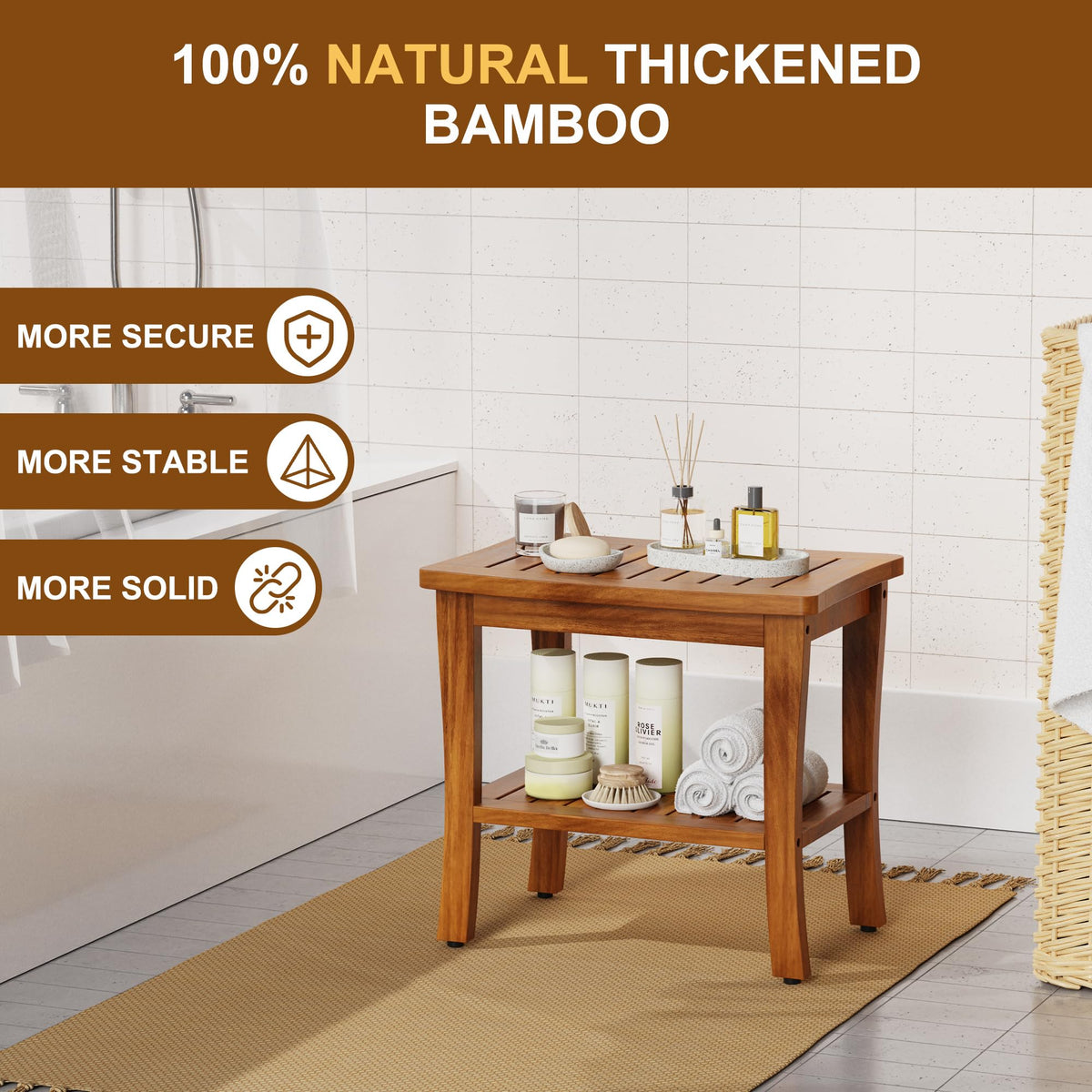 Teak Wood Shower Bench Stool with Storage Shelf J46670