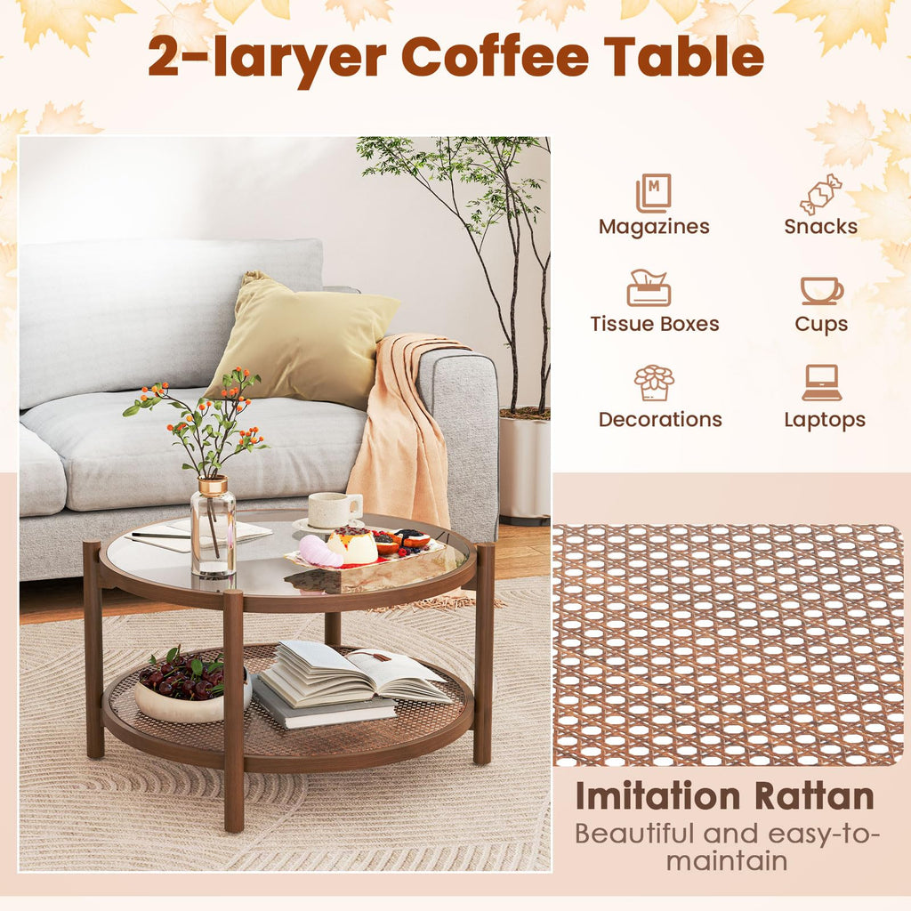Rattan Round Glass Coffee Table with Storage Shelf X2675