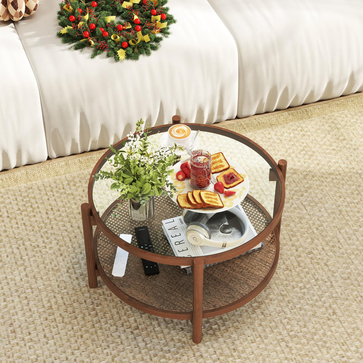 Rattan Round Glass Coffee Table with Storage Shelf X2675