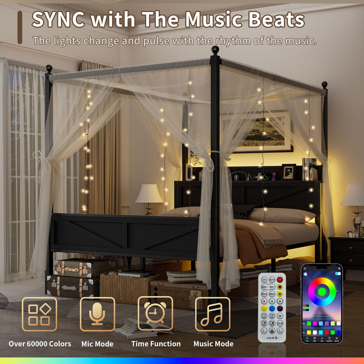 Queen Size Metal Canopy Bed Frame with Storage Headboard W267