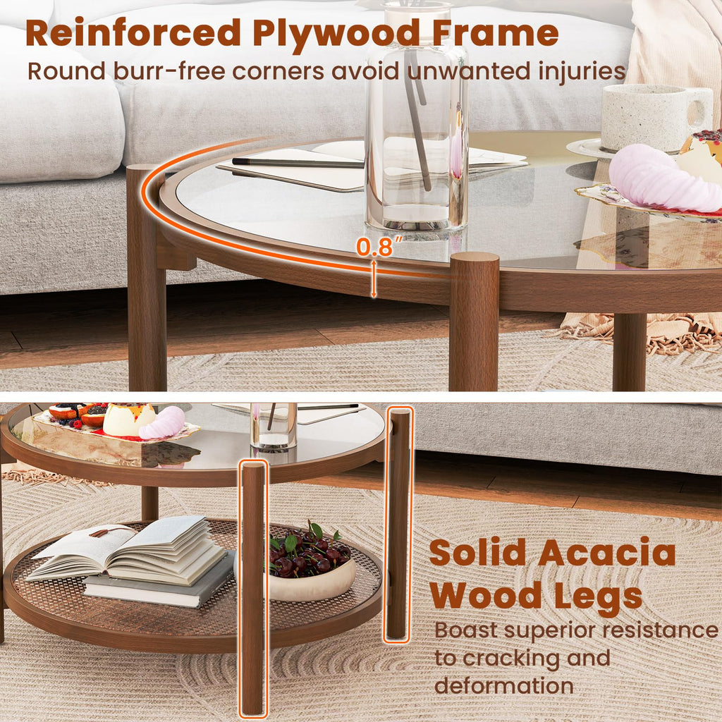 Rattan Round Glass Coffee Table with Storage Shelf X2675