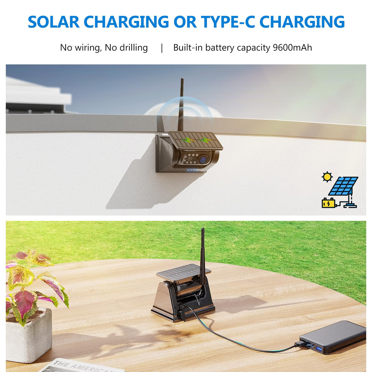 Magnetic Solar Wireless Backup Camera with 7" 1080P Monitor O4720