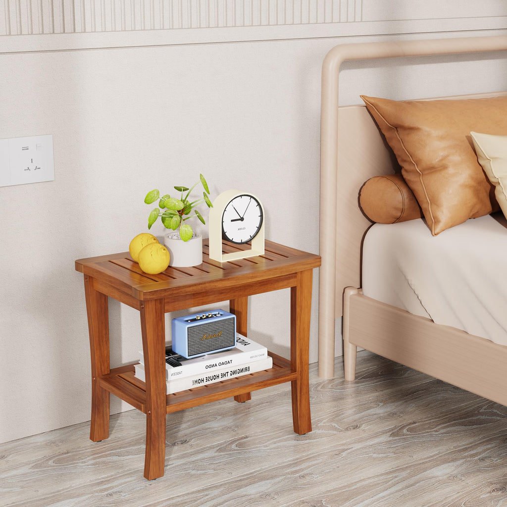 Teak Wood Shower Bench Stool with Storage Shelf J46670