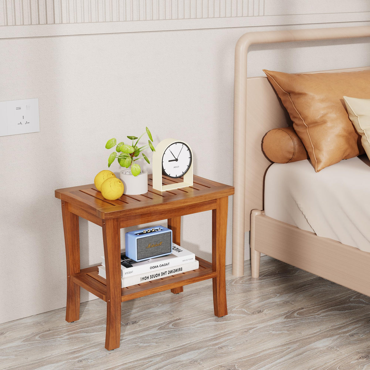 Teak Wood Shower Bench Stool with Storage Shelf J46670