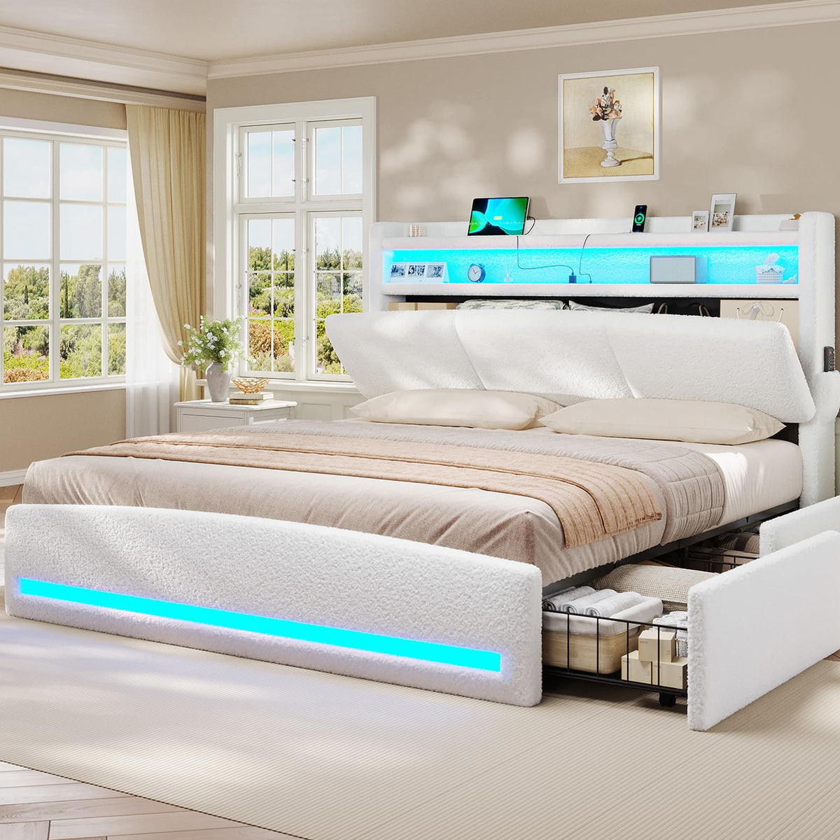 Full Bed Frame with Storage Headboard and Charging Station M991