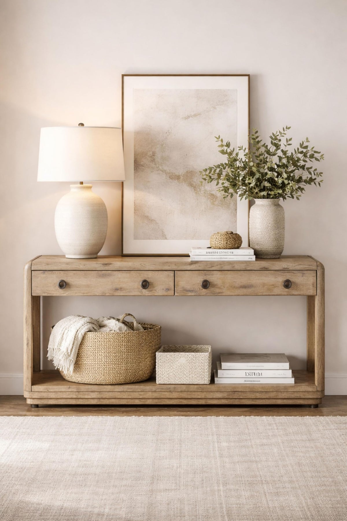 English Knotty Oak Console Table, Solid Wood and Engineered Wood Veneer, Two Self-Closing Drawers, Open Lower Shelf, Rounded Edges, 72 x 16 x 32.25 Inchs, Oak Finish R717754