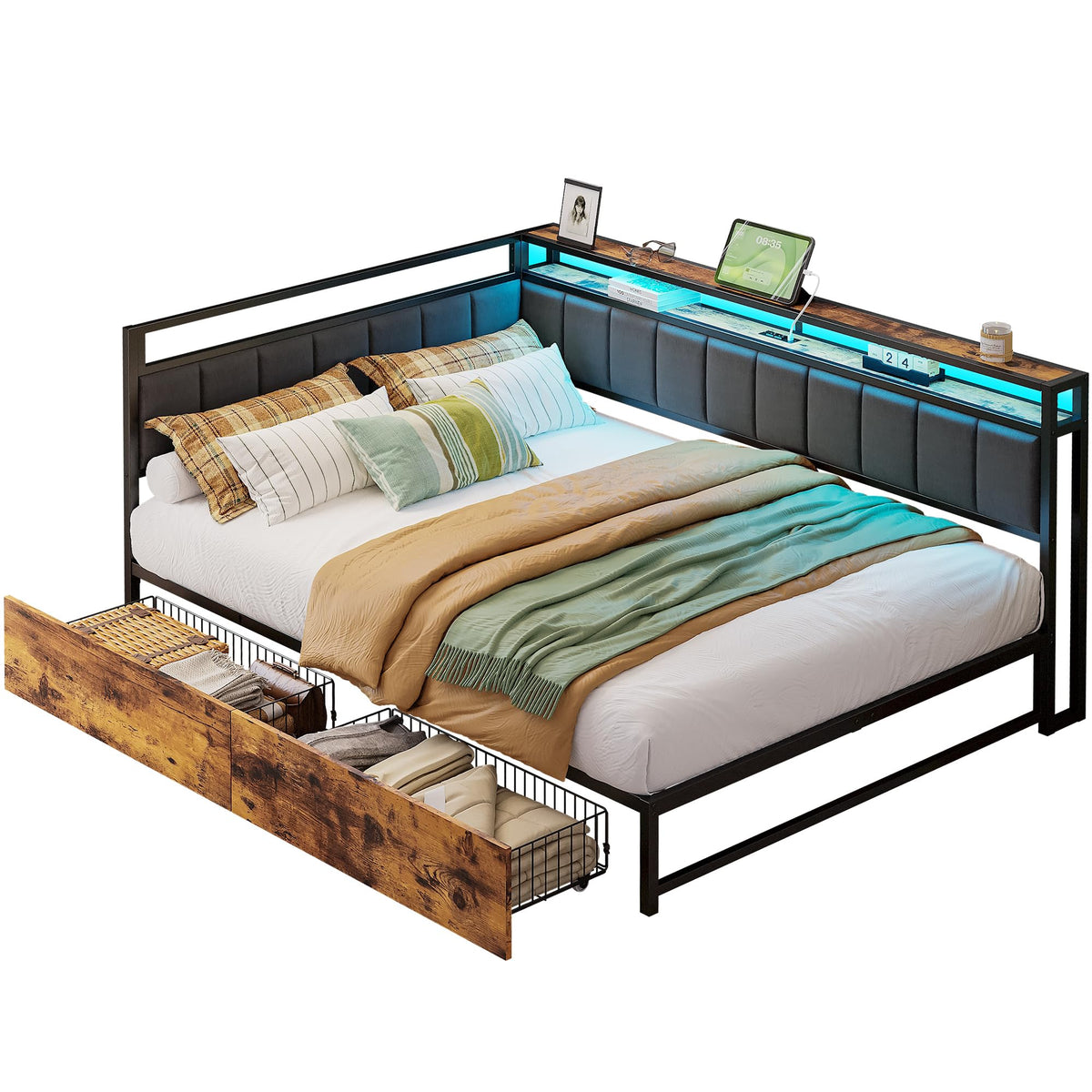 Full Corner Bed Frame with Storage Drawers, LED, Charging, Black S21518