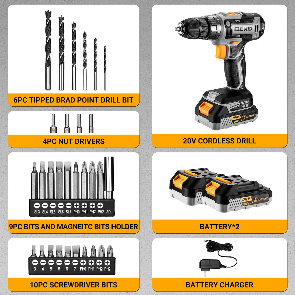 Cordless Power Drill 20V with 3/8-Inch Keyless Chuck, Variable Speed, 2 Batteries V8272