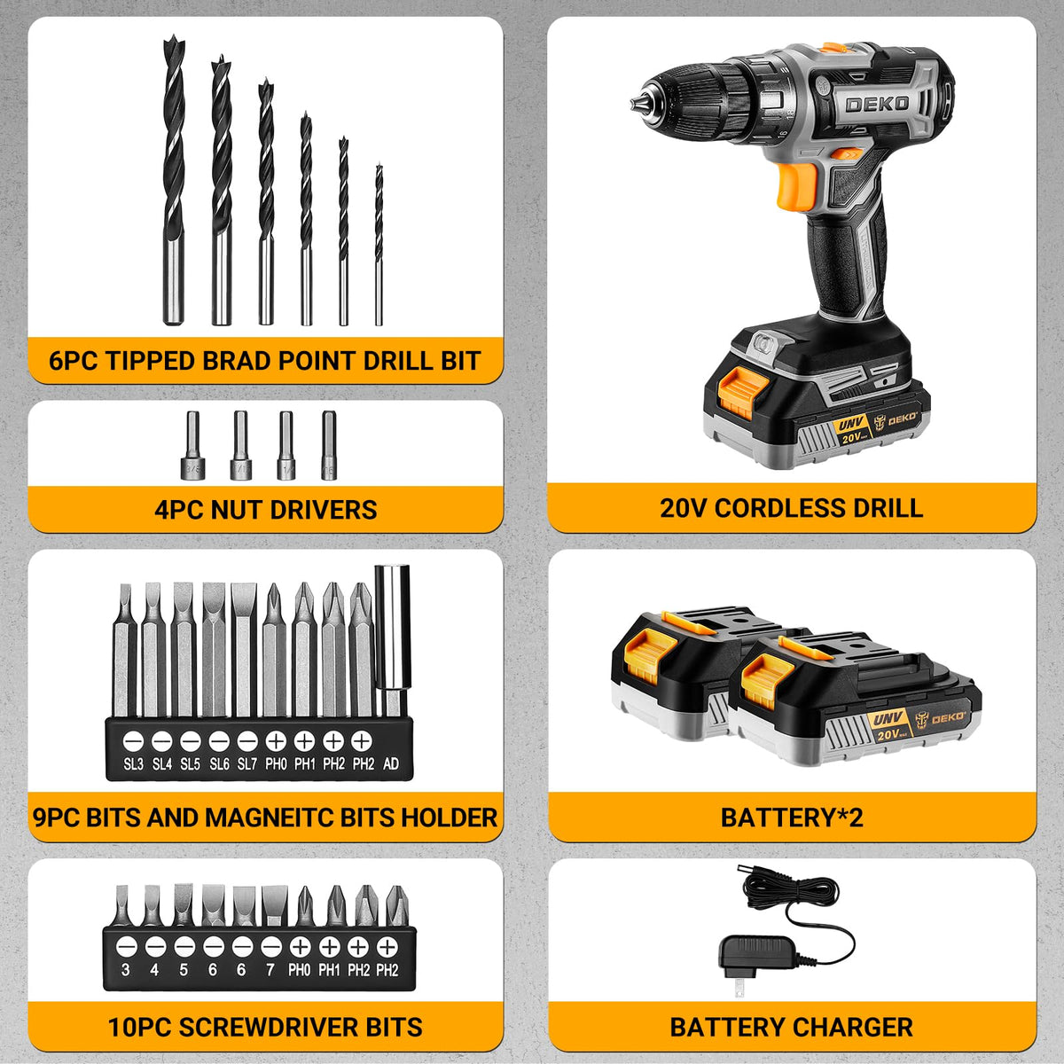 Cordless Power Drill 20V with 3/8-Inch Keyless Chuck, Variable Speed, 2 Batteries V8272