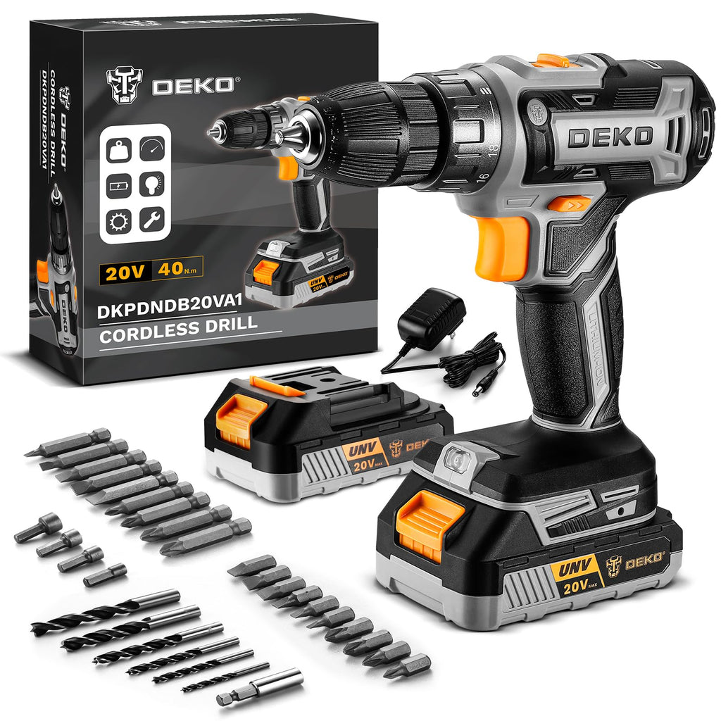 Cordless Power Drill 20V with 3/8-Inch Keyless Chuck, Variable Speed, 2 Batteries V8272