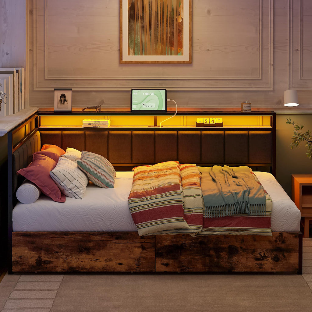 Full Corner Bed Frame with Storage Drawers, LED, Charging, Black S21518