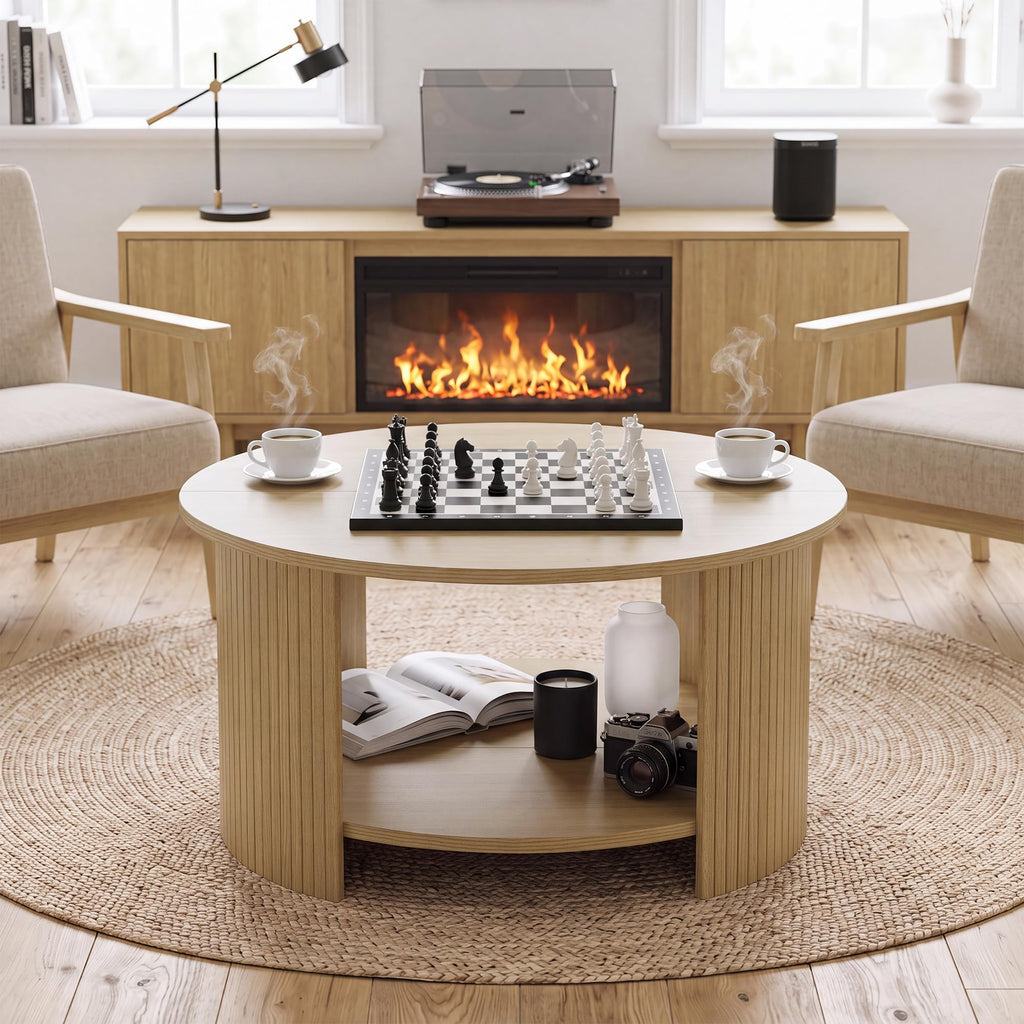 31.5" Round Wood Coffee Table with Storage K90409