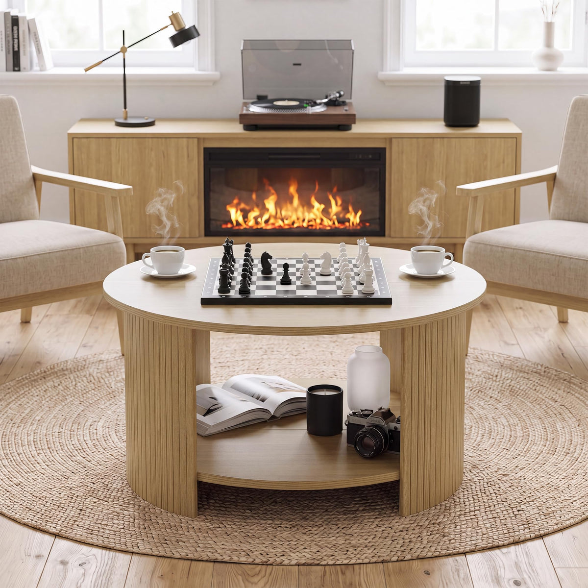 31.5" Round Wood Coffee Table with Storage K90409