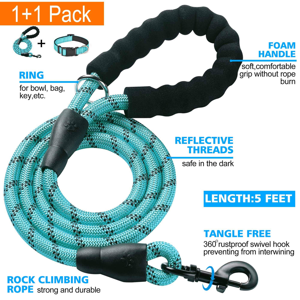 Reflective Padded Dog Collar with Neoprene, Medium, Turquoise Y12226
