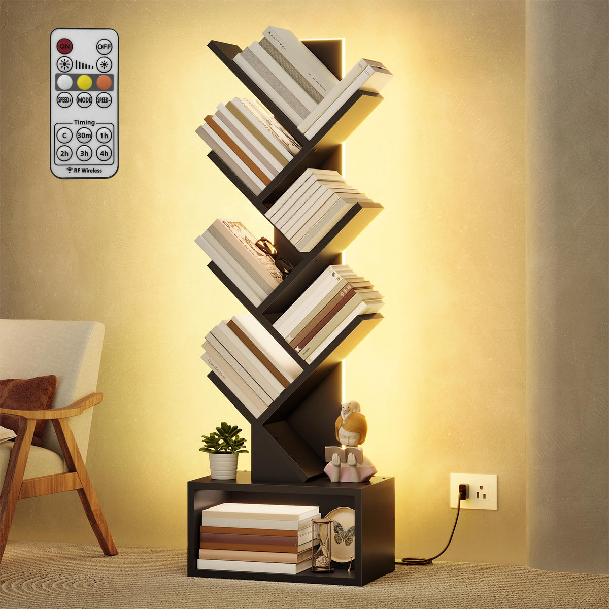 6 Tier Tree Bookshelf with Drawer and LED Lights V117149