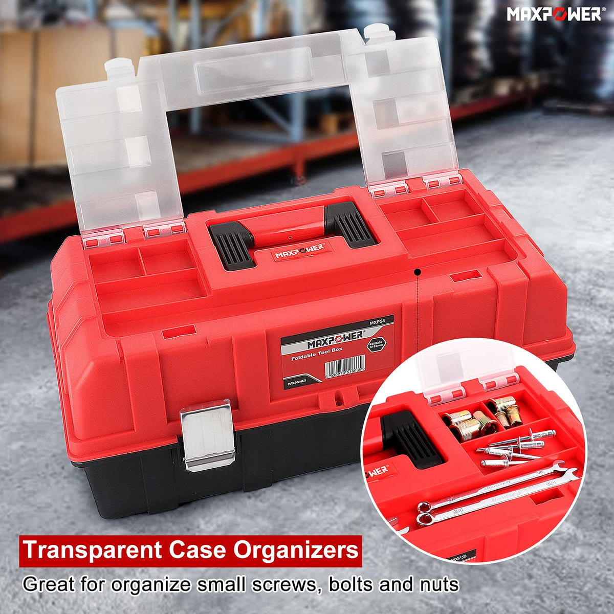 16-Inch Three-Layer Folding Plastic Tool Box with Tray and Dividers F6943