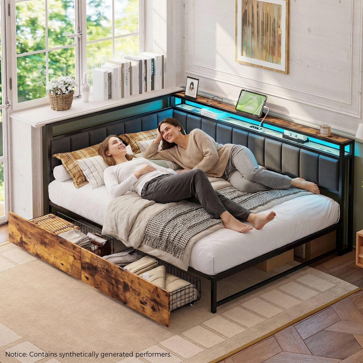 Full Corner Bed Frame with Storage Drawers, LED, Charging, Black S21518