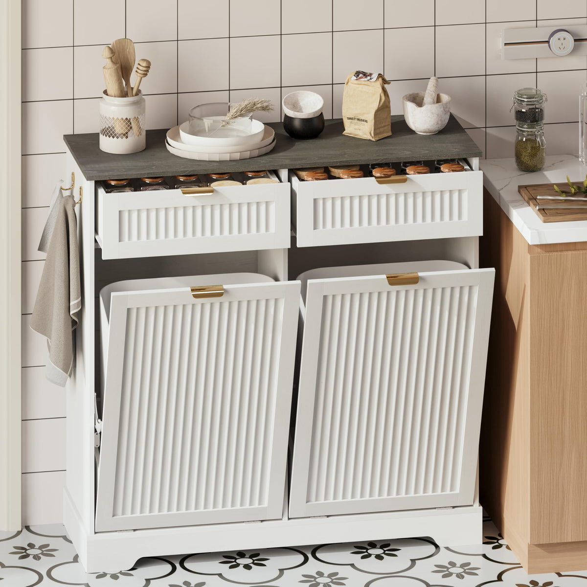White Double Tilt Out Trash Can Cabinet E3650