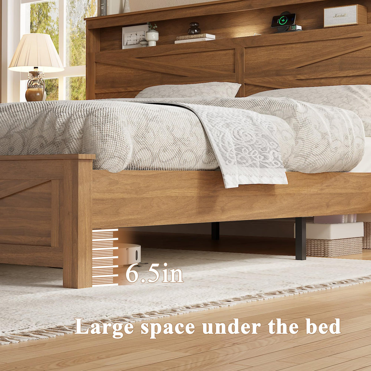 King Size Farmhouse Wooden Bed Frame with Storage Headboard V81302