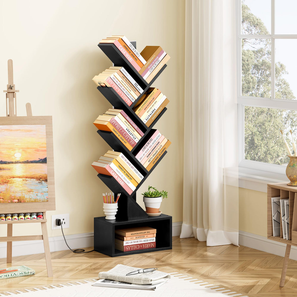 6 Tier Tree Bookshelf with Drawer and LED Lights V117149