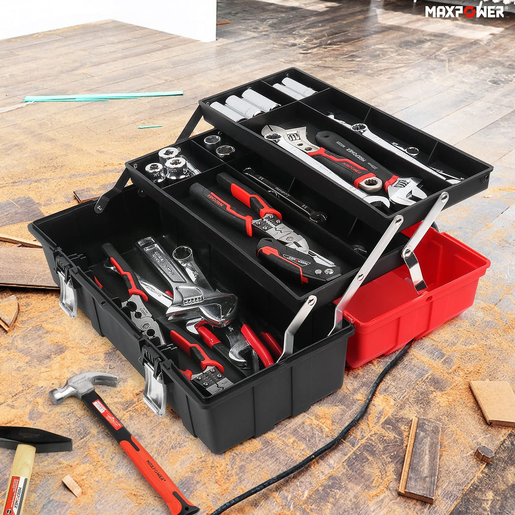 16-Inch Three-Layer Folding Plastic Tool Box with Tray and Dividers F6943