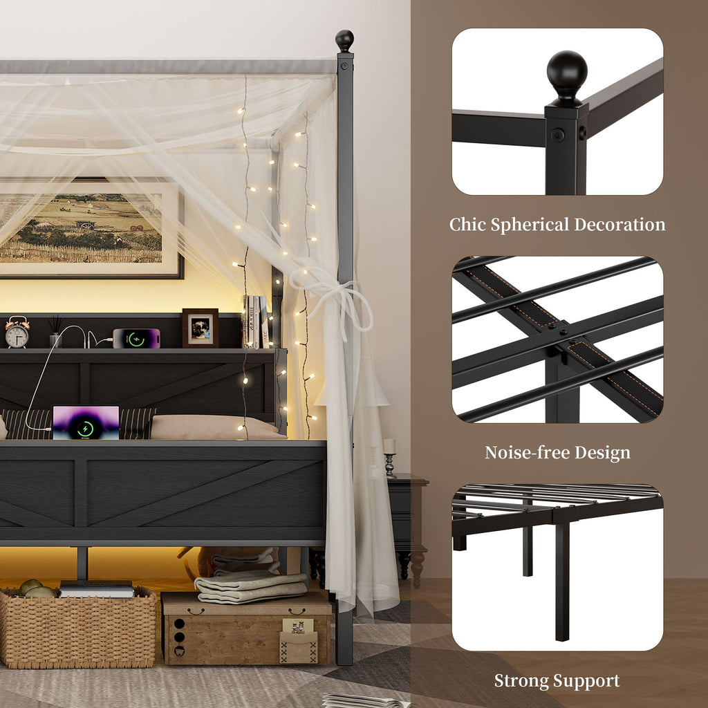 Queen Size Metal Canopy Bed Frame with Storage Headboard W267